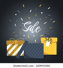 Vector banner with gift boxes and one open box with confetti and "Sale" text on blue background in flat style. Vector illustration for advertising or promotion concept.