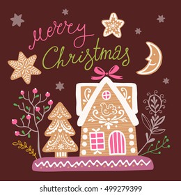 Vector banner with gingerbread cookies and Christmas tree