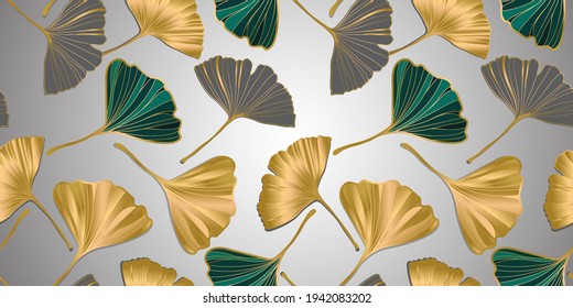 Vector banner of ginkgo biloba leaf. ink line art design. Ginkgo Biloba leaves. Seamless Pattern.