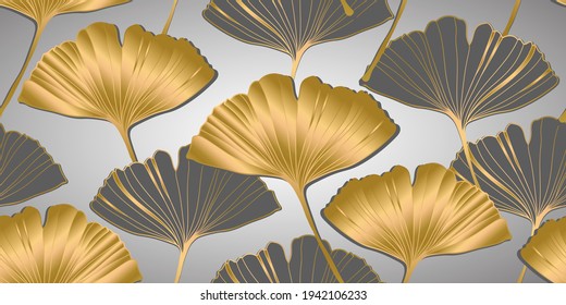 Vector banner of ginkgo biloba leaf. ink line art design. Ginkgo Biloba leaves. Seamless Pattern.