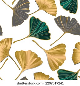 Vector banner of ginkgo biloba leaf. ink line art design. seamless Pattern.