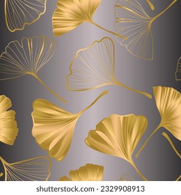Vector banner of ginkgo biloba leaf. ink line art design. seamless Pattern.