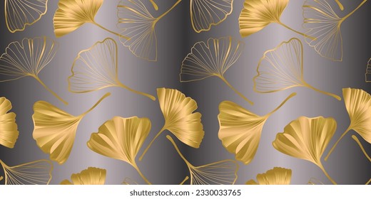 Vector banner of ginkgo biloba leaf. ink line art design. seamless Pattern.