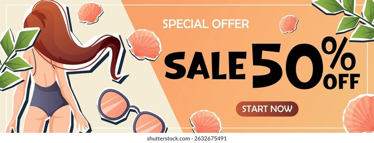 Vector banner with girl in swimsuit, seashells and leaves. Fifty percent discount. Perfect for summer promos, beachwear sales and vacation campaigns.
