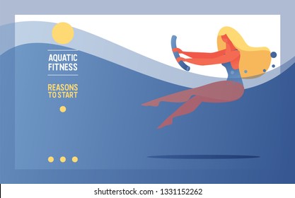 Vector banner with girl with waterobic noodle in a pool doing water aerobics. Sport and wellness landing page or banner template