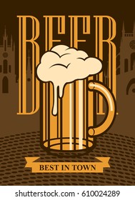 Vector banner with a glass of beer on the background of an old city