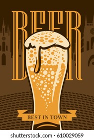 Vector banner with a glass of beer on the background of an old city