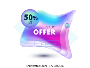 
banner vectorial con brillantes iconos multicolores de tonos neones con la inscripción 50 por ciento de descuento