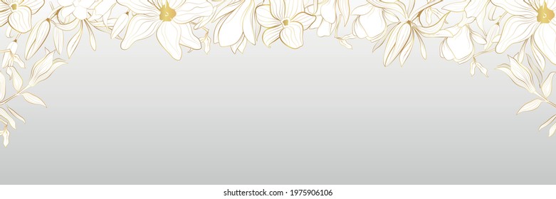 Vector banner with gold flowers in line art style. Golden flowers of lilies.