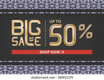 Vector banner with gold lettering big sale up to fifty percent shop now and classical pattern on blue