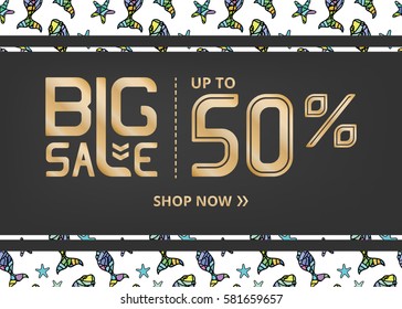 Vector banner with gold lettering big sale up to fifty percent shop now and funky fish