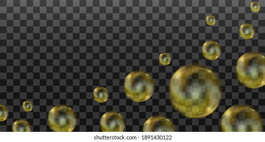 Vector banner with gold soap or shampoo bubbles. Set of realistic glossy yellow sphere. Isolated on transparent background. 