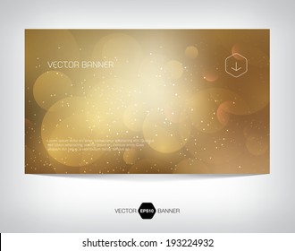 Vector banner with golden blurry glowing bokeh background and festive glitter. Can be used for a holiday postcard