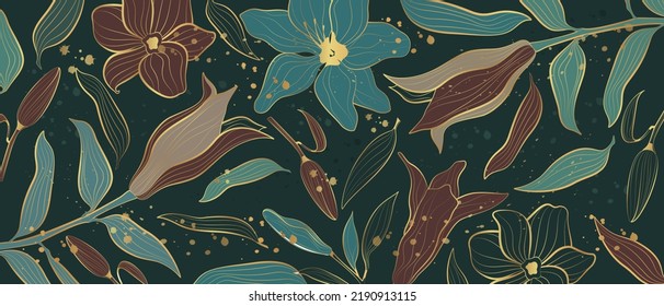 Vector banner with golden flowers in line-art style on a dark background.