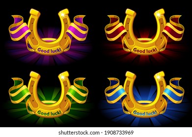 Vector banner golden horseshoes with color ribbons. A set of colorful horseshoes of good luck.