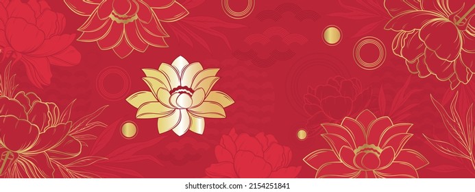 Pancarta vectorial con flores de loto dorado y peonías sobre un fondo rojo. Antecedentes chinos