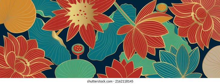 Banner vectorial con flores de loto dorado sobre un fondo azul. Antecedentes chinos