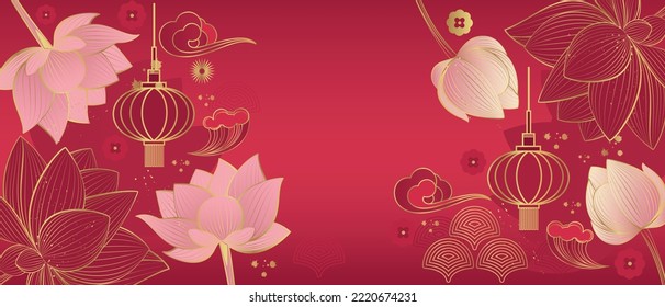 Vector banner with golden lotus flowers on a red background. Chinese background