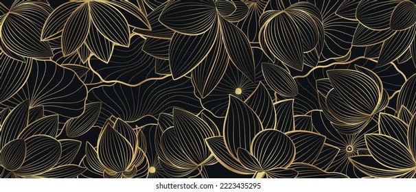 Vector banner with golden lotus flowers on a black background. Line art style.