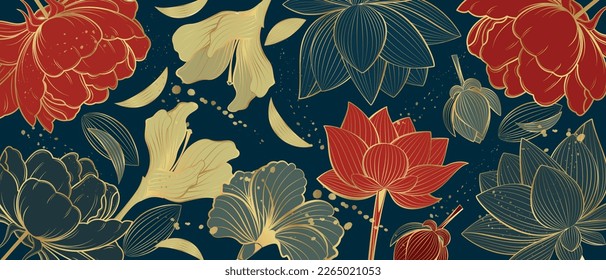 Vector banner with golden lotus flowers. Line art style. Asian background.