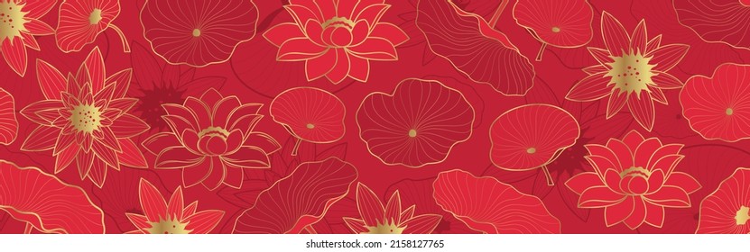 Vector banner with golden lotus in line-art style on a red background.