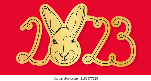 Vector banner with golden rabbit in line art style for Chinese new year. Cover for calendar of 2023 rabbit year.