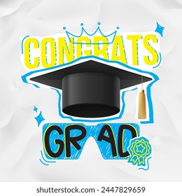 Vector banner of graduation ceremony. Vector collage with graduation cap and doodles on crumpled paper. Graduation collage for decoration social media, poster, degree ceremony.