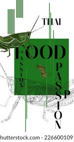 vector banner with grasshopper vertical format in green black and white shades