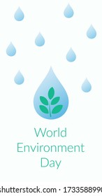 Vector banner. Green sprout, leaves inside a drop of water. Creative concept of earth day, environment day, ecology, nature conservation, climate change. Copyspace.
