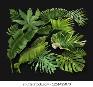 Vector banner with green tropical leaves on dark green background. Luxury exotic botanical design for cosmetics, spa, perfume, aroma, beauty salon, travel agency, florist shop