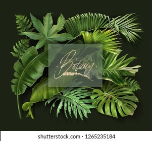 Vector banner with green tropical leaves on dark green background. Luxury exotic botanical design for cosmetics, spa, perfume, aroma, beauty salon, travel agency, florist shop