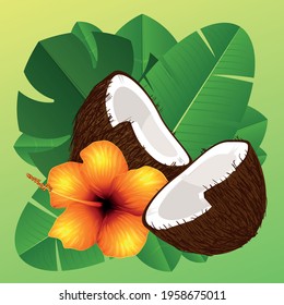 Vector banner green tropical leaves and cococnut. Exotic rainforest design for cosmetics, spa, perfume, travel agency, florist shop.