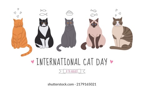 Vector banner, greeting card with the International Day of Cats. Illustration with cute happy cats in cartoon style.