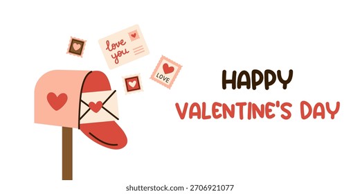 Vector banner or greeting card with mailbox, love letter, stamps, and Happy Valentines Day text. Romantic holiday postcard or announcement for Valentines Day celebration in flat cute style.