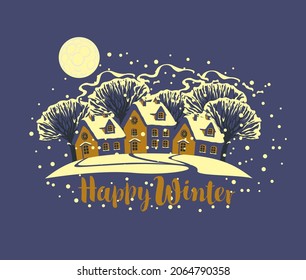 Vector banner or greeting card with night winter landscape in cartoon style. Decorative illustration with cute houses, snowy trees, full moon and the inscription Happy winter on a dark blue background