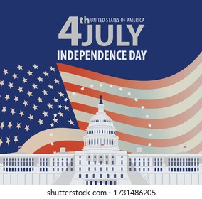Vector banner or greeting card on the theme of US independence Day. Illustration of the Capitol Building in Washington DC and words 4th july, Independence Day on the background of the American flag