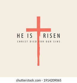 Cartel vectorial o tarjeta de saludo sobre el tema de Pascua con palabras Se levanta, Cristo murió por nuestros pecados. Ilustración religiosa con inscripción y cruz roja. Símbolo católico y cristiano