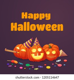 Vector banner, greeting card, sign, poster design.Exited pumpkins with glowing faces in party hats with party blowout and multicolored sweets on a purple background. Harvest, thanksgiving, halloween.