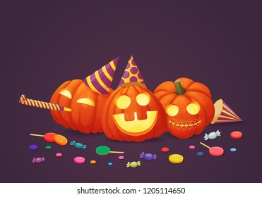 Vector banner, greeting card, sign, poster design.Happy pumpkins with glowing faces in party hats with party blowout and multicolored sweets on a purple background. Harvest, thanksgiving, halloween.