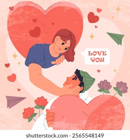 Vector banner or greeting card for Valentines day. Valentine for couples in love. Flyer for romantic holiday, gift for lover one or beloved. Relationships, amour or love. Love you.