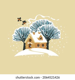 Vector banner or greeting card with a winter landscape in cartoon style. Decorative illustration with a cute house, snowy trees on a snow-covered hill and a couple of red birds on a beige background