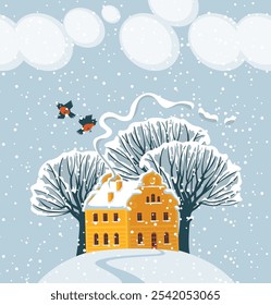 Vector banner or greeting card with a winter landscape in cartoon style. Decorative illustration with a cute house, snowy trees on a snow-covered hill and a couple of red birds on a beige background