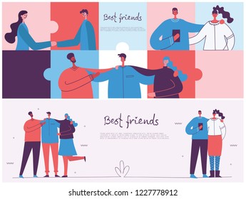 Vector banner with the group of happy fashion people - best friends in a flat style