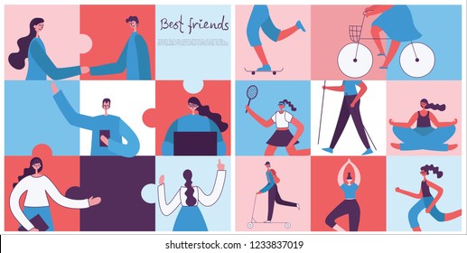 Vector banner with the group of happy fashion people - best friends and your healthy sport lifestyle in a flat style