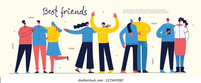 Vector banner with the group of happy fashion people - best friends in a flat style