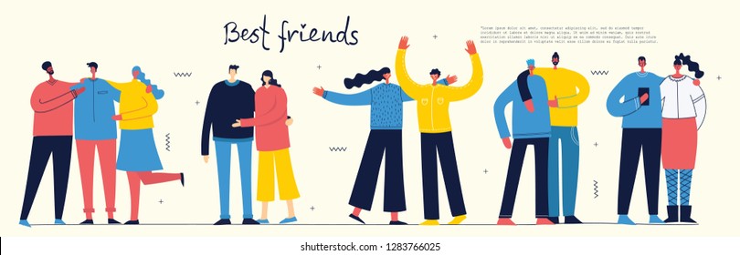 Vector banner with the group of happy fashion people - best friends in a flat style