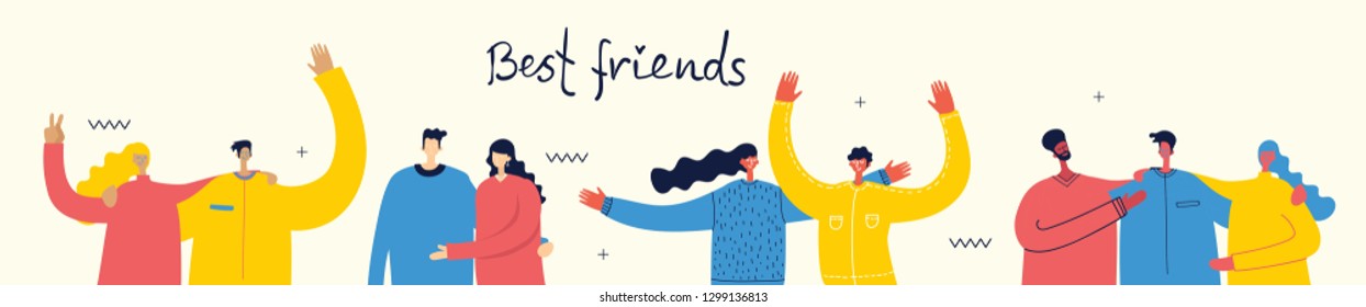 Vector banner with the group of happy fashion people - best friends in a flat style