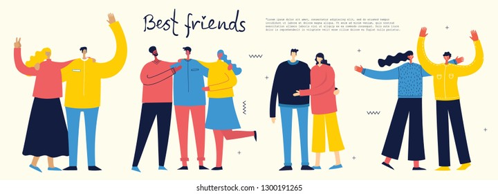 Vector banner with the group of happy fashion people - best friends in a flat style 