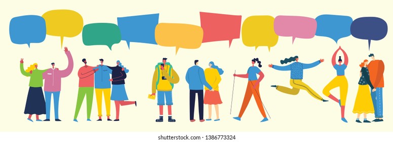 Vector banner with the group of happy fashion people doing different activities with speech bubbles in a flat style