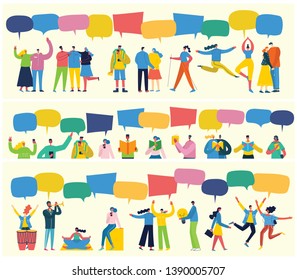 Vector banner with the group of happy fashion people doing different activities with speech bubbles in a flat style